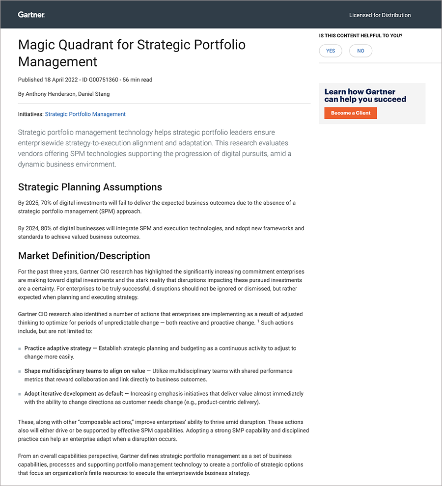 Gartner Magic Quadrant for Strategic Portfolio Management, 2022